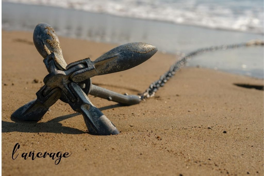 Ancre marine posée sur le sable au bord de l'eau.